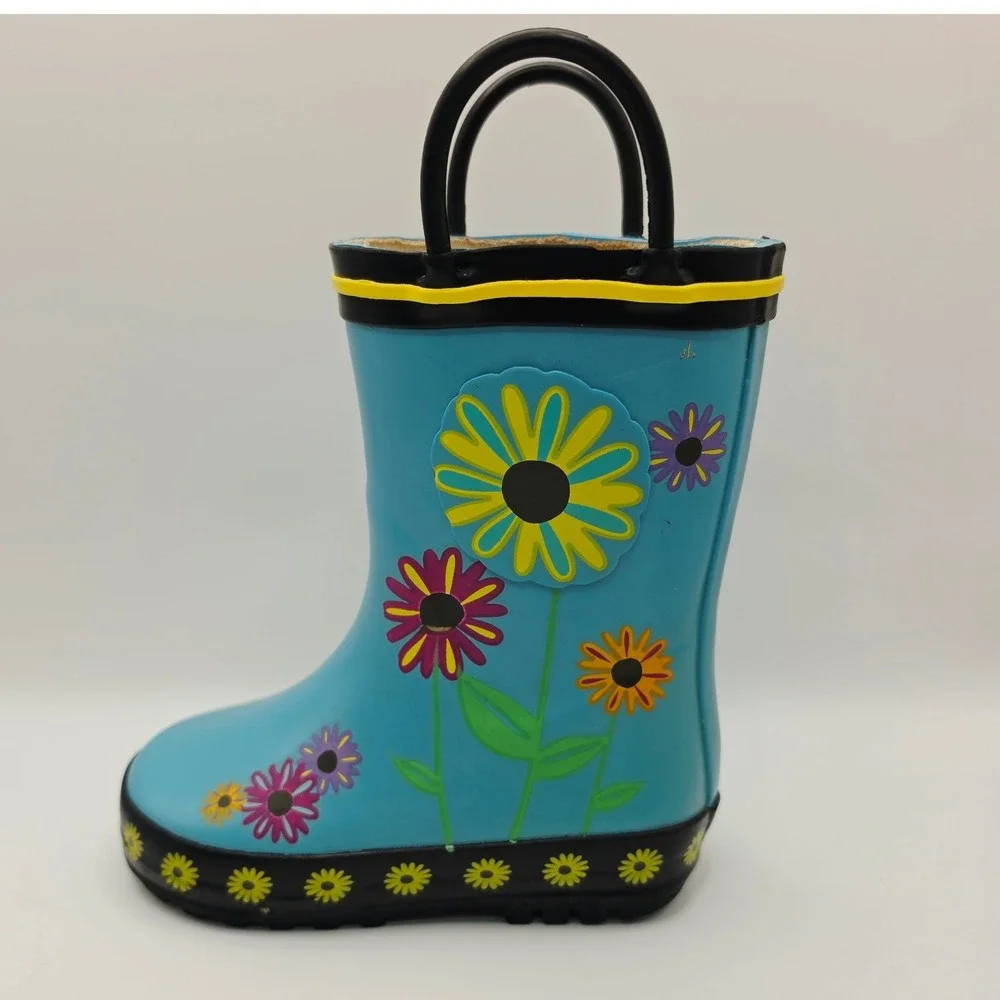 Unbranded Rain Boots Kids Size 5 Blue Daisy Floral Waterproof Pull On Rubber